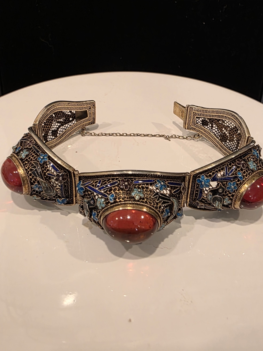 Sterling, Amber & Enamel Vintage Chinese Import Filigree Statement Bracelet